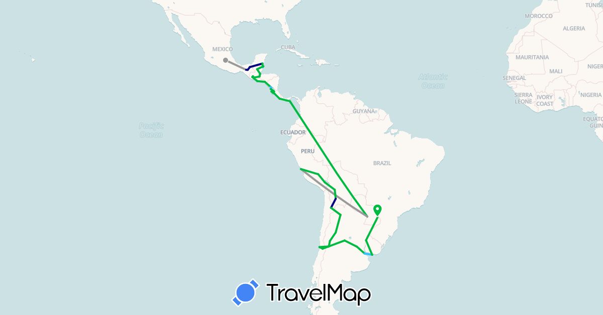 TravelMap itinerary: driving, bus, plane, boat in Argentina, Bolivia, Brazil, Belize, Chile, Costa Rica, Guatemala, Honduras, Mexico, Nicaragua, Panama, Peru, Paraguay, El Salvador, Uruguay (North America, South America)